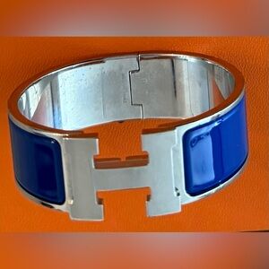 Hermes Clic Clac H Enamel Bracelet Blue Platinum Plated Size P (PM) Pre-Loved